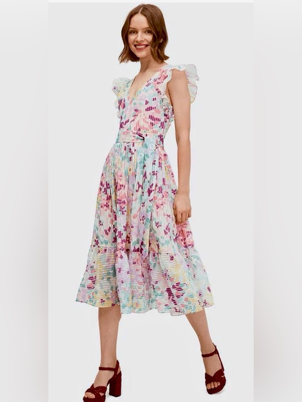 NWOT kate spade Pastel Multi Floral Pleated Midi Dress size 2